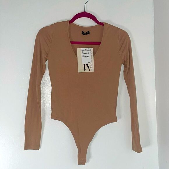 NWT Nordstrom naked wardrobe brown tan long sleeve button clasp soft bodysuit - Picture 1 of 10